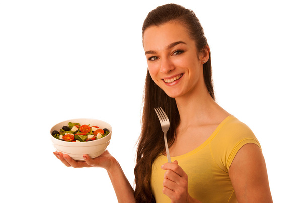 Beautiful asian caucasian woman with a white bowl of mixed salad - Fotografie, Obrázek