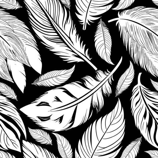 простой двухцветный бесшовный рисунок белых перьев на черном фоне, текстура - Фото, изображение