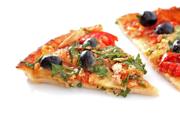 Tasty pizza with olives on white - 写真・画像