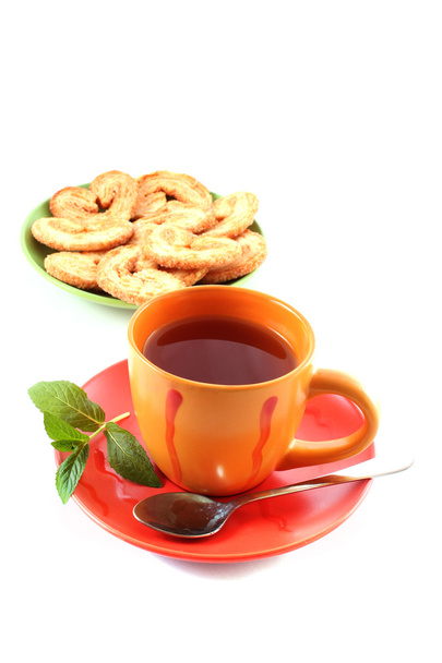 Cup of green tea on the saucer with mint and cookies - Photo, image
