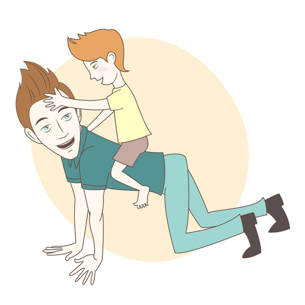 Son riding on his father's back. Hand drawn style - Vector, Image