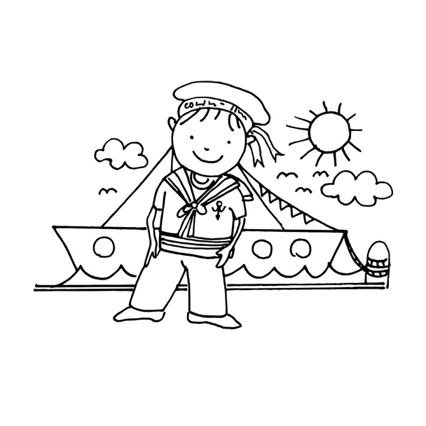 Моряк, моряк с кораблем, векторная иллюстрация, каракули
 - Вектор,изображение