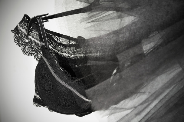 μαύρη δαντέλα εσώρουχα και τούλι φούστα tutu κρέμονται σε κρεμάστρα  - Φωτογραφία, εικόνα