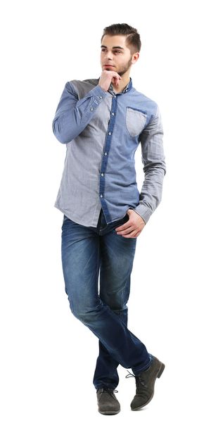 Man in blue shirt and jeans isolated on white - Fotoğraf, Görsel