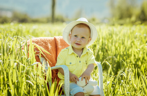 Little boy on the lawn, a child for a walk outdoors - Фото, изображение