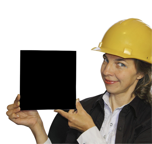 La femme dans un casque de bâtiment avec de la publicité dans les mains
 - Photo, image