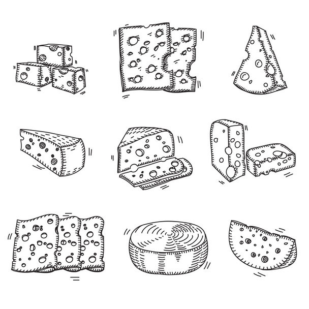 レトロなスタイルで様式化されたチーズの種類と手描き落書きスケッチ チーズ - ベクター画像