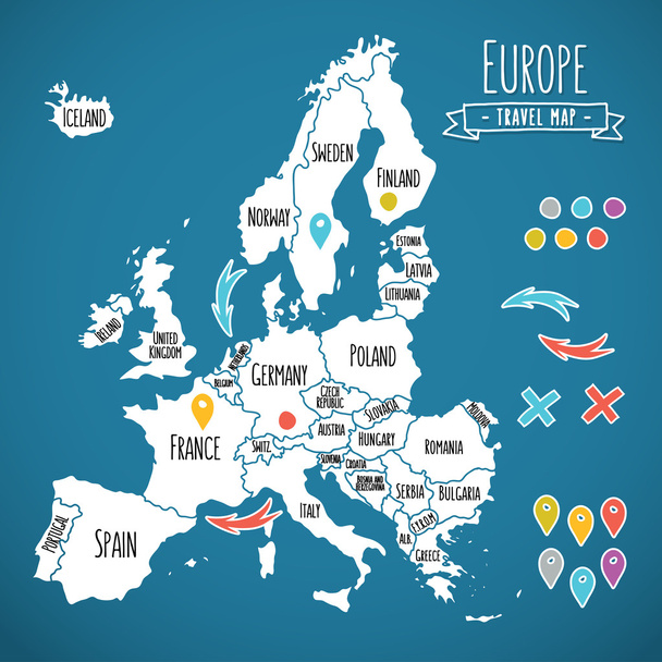 Hand drawn Europe travel map with pins vector illustration - Vector, Imagen