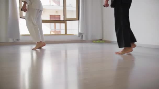 Dos atletas hacen ejercicios de karate en la habitación interior. - Imágenes, Vídeo
