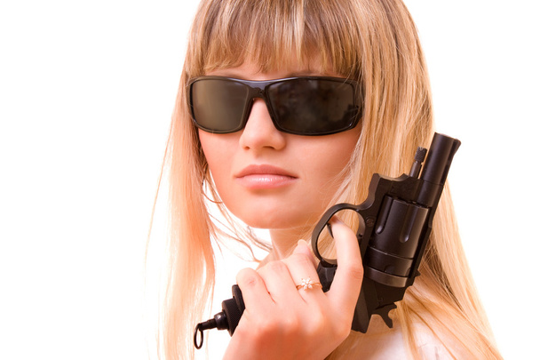 Sexy Woman Holding Gun over white - Foto, Imagen