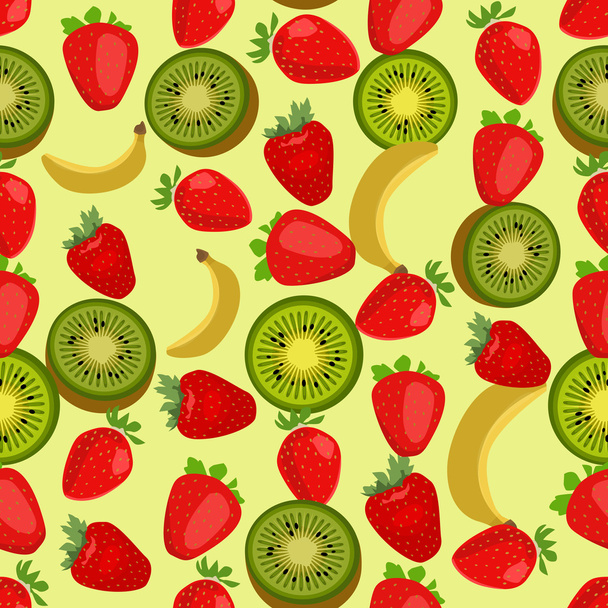 イチゴ、キウイ、バナナのシームレスなカラフルな背景 - ベクター画像