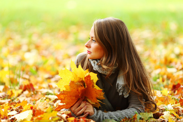 Woman portret in autumn leaf - Фото, зображення