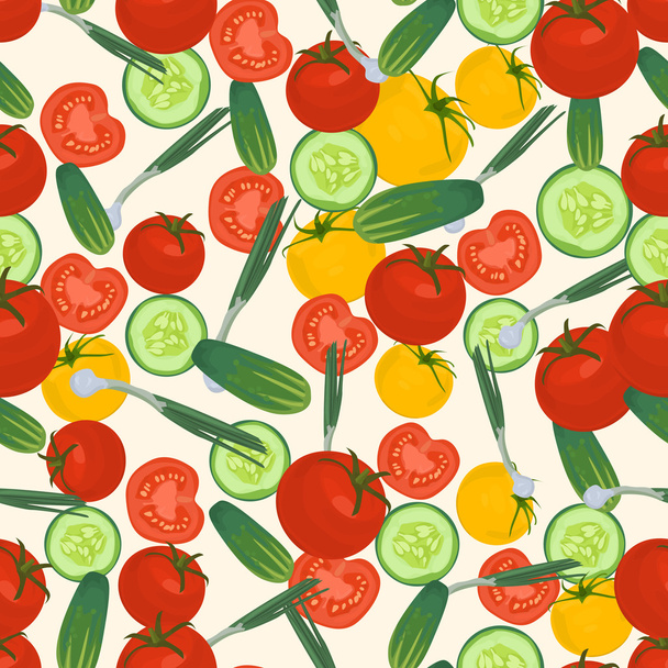 Naadloze kleurrijke achtergrond gemaakt van tomaat, groene ui enz - Vector, afbeelding