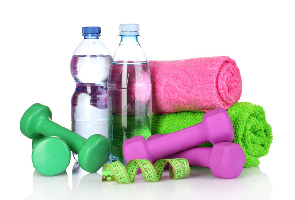 Towel, dumbbells and water bottle - Photo, Image