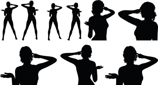 vrouw silhouet met handgebaar denken - Vector, afbeelding