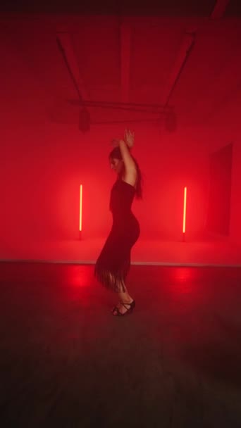 Sexy woman in a black dress dances Latin in red neon light. Concept of dance and choreography. Vertical video 4k - Footage, Video