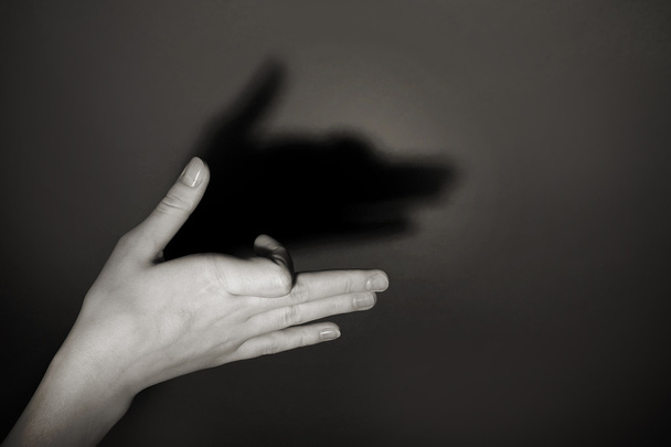 Hand gesture like dog face on gray background - Foto, Bild