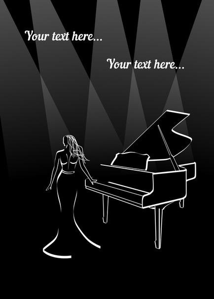 nő a hosszú ruha közelében zongora - Vektor, kép