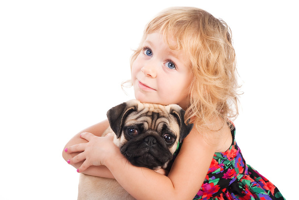 Retrato aislado de niña bonita abrazando perro pug sobre fondo blanco
 - Foto, Imagen