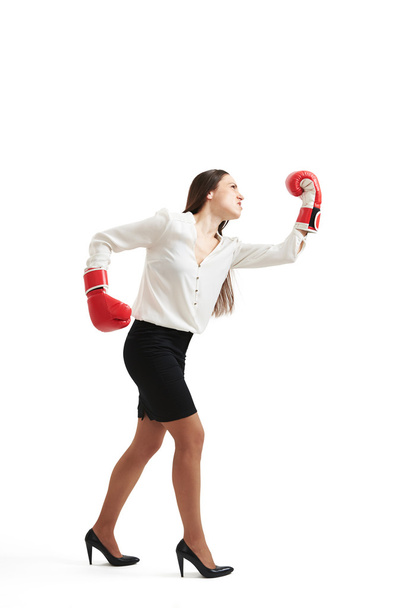 angry woman in red boxing gloves - Фото, зображення