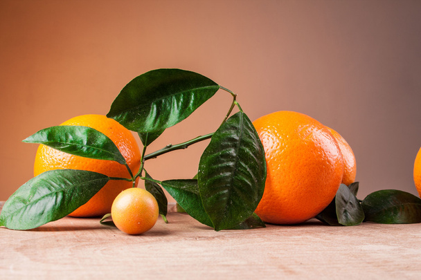 Oranges with shoots on a wooden table - Photo, Image