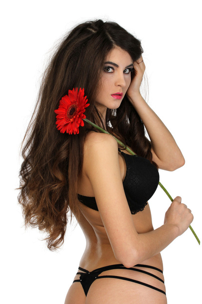 Portrait of beautiful brunette girl in black underwear with red  - Fotoğraf, Görsel