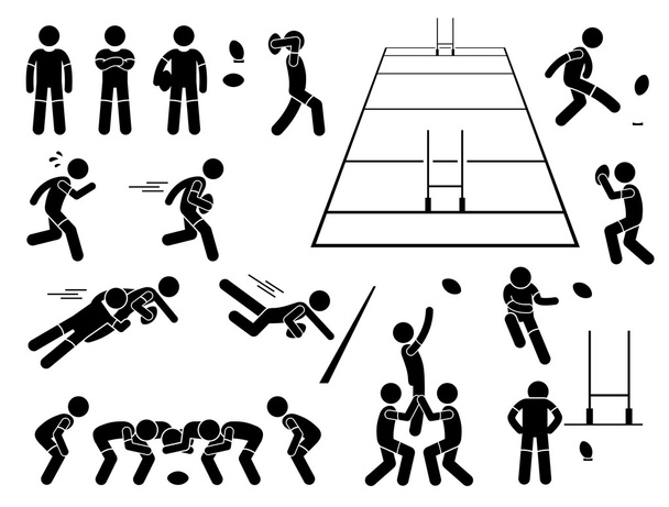 Rugbyspieler-Aktionen stellen Strichmännchen-Piktogramme dar - Vektor, Bild