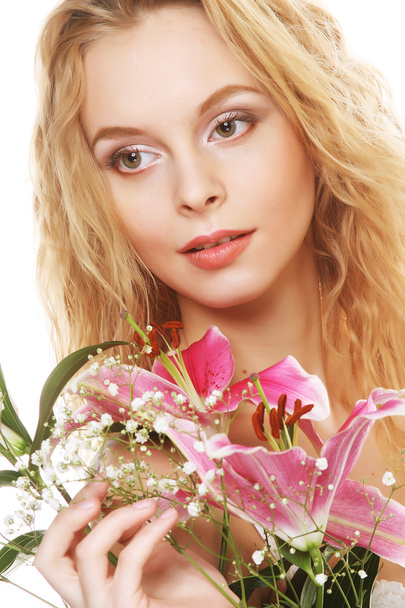 young woman with pink lily - Foto, Imagem