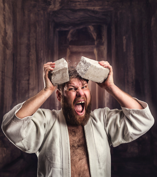 Strong karateka breaks brick - Photo, Image