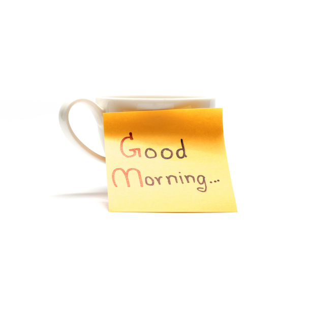 tazza di caffè con nota adesiva scrivere Buongiorno
 - Foto, immagini