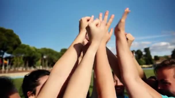 Vrouwelijke rugbyspelers steken hun hand op in feest en eenheid, tonen teamgeest en vastberadenheid. - Video