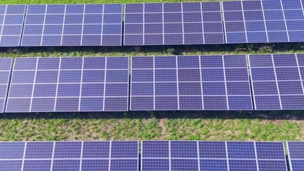 4K Вид с воздуха на ферму солнечных батарей (солнечные батареи). экологически чистое электричество. Производство концепции возобновляемой энергии. Фотоэлектрические панели фермы с неба - Кадры, видео
