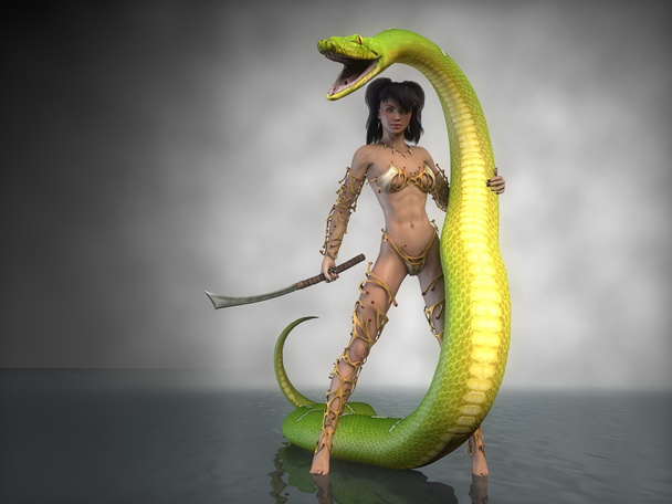warrior girl with sword holds big python - Foto, immagini