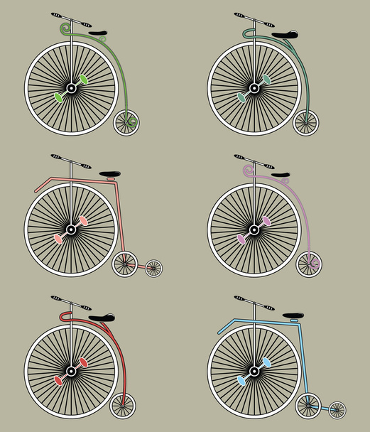 Vintage fietsen pictogrammenset op cappuccino kleur achtergrond - Vector, afbeelding