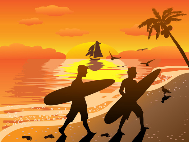 Surfers on beach at sunset - Вектор, зображення