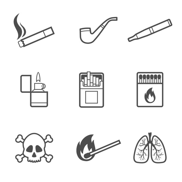 palenie tytoniu wektor linii styl zestaw ikon. 9 elementów - Wektor, obraz