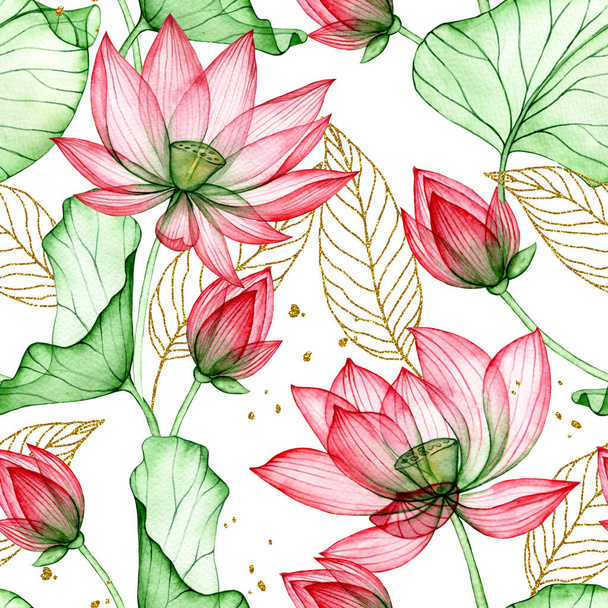 Aquarellzeichnung, nahtloses Muster aus transparenten Lotusblüten mit goldenen Blättern. Lotusblume und Blatt Print - Foto, Bild