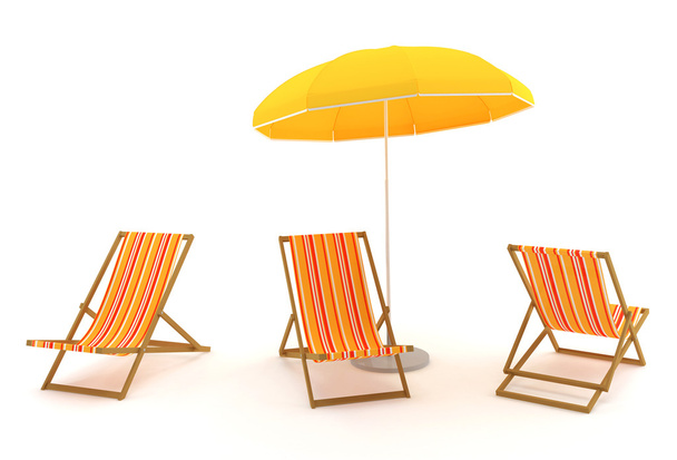 Colored deck chairs and umbrella - Фото, изображение
