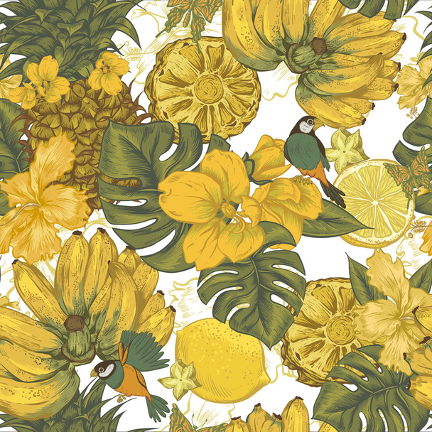 Vintage Seamless Background, Tropical Fruit, Flowers, Butterfly and Birds - Vector, Image