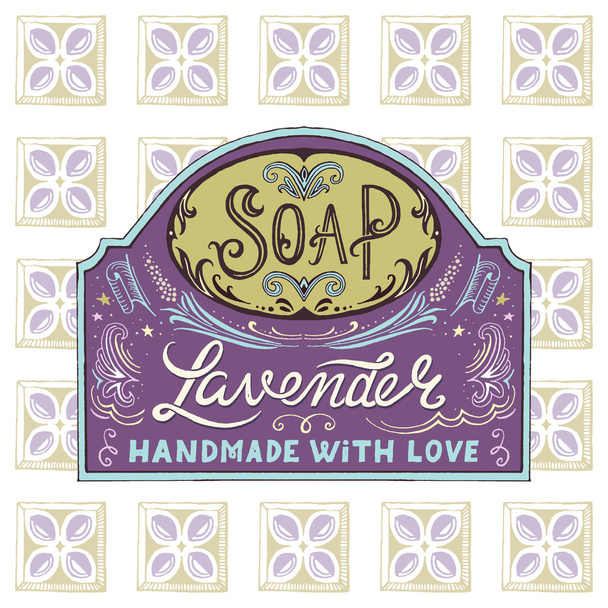 Hand drawn label and pattern for handmade soap bar - Vector, Image