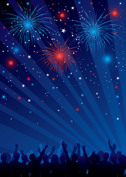 Fourth of july fireworks with crowd - Vector, Image