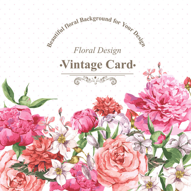 Biglietto di auguri acquerello vintage con fiori in fiore. Rose, Fiori di campo e Peonie
 - Vettoriali, immagini