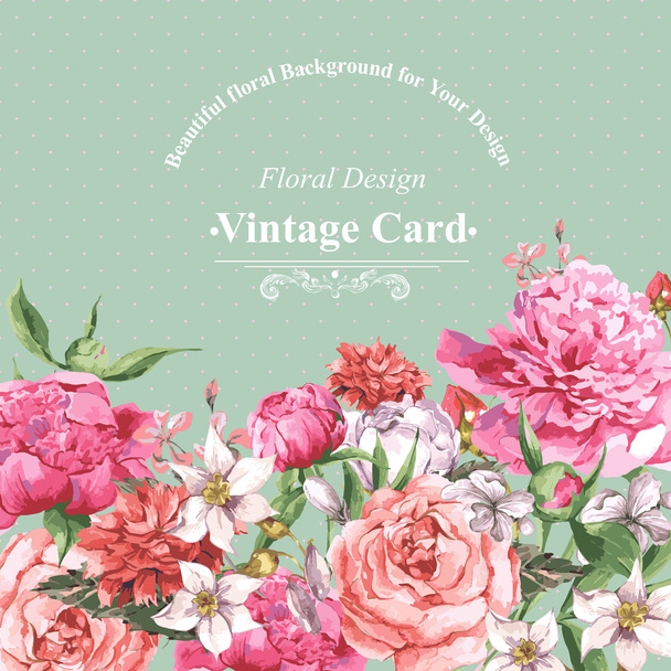 Vintage Aquarell-Grußkarte mit blühenden Blumen. Rosen, Wildblumen und Pfingstrosen - Vektor, Bild