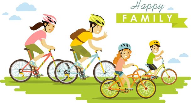 Onnellinen perhe ratsastus polkupyörää eristetty valkoisella taustalla tasainen tyyli - Vektori, kuva