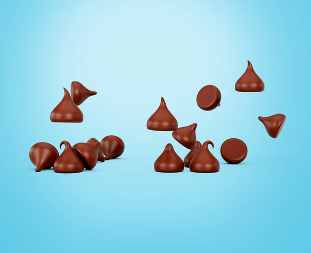 Chips de chocolate con leche aisladas sobre fondo azul Ilustración 3d - Foto, imagen