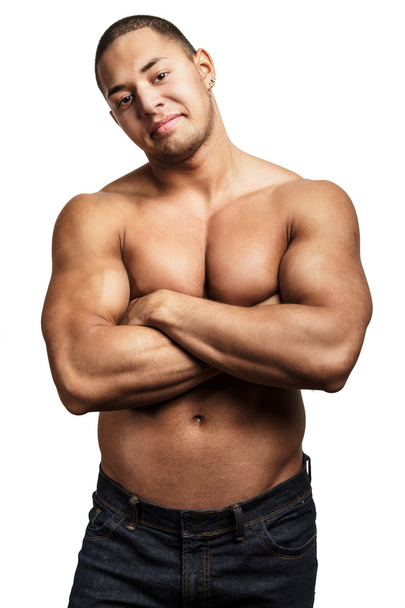 Attractive muscular guy on white background - Photo, Image