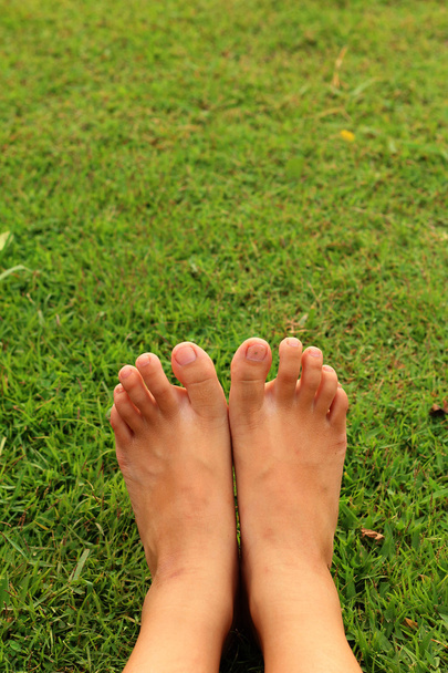Foot on the green grass in the lawn. - Photo, Image