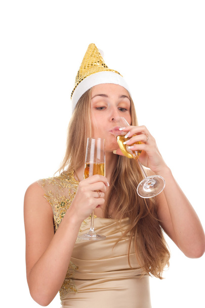 Girl celebrates Christmas with a glass of wine - Photo, image