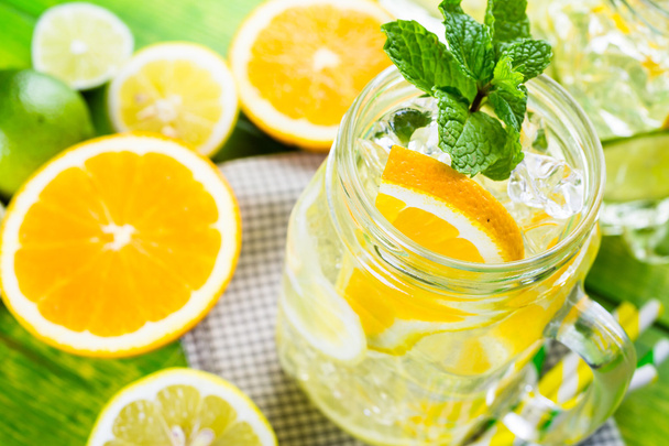 Water with fresh citrus fruits and ice - Photo, Image