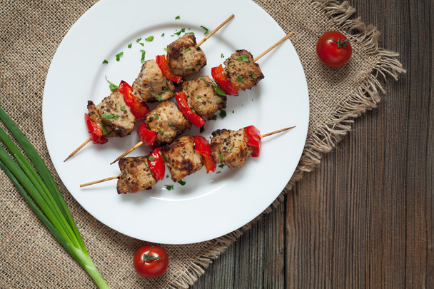 Traditional delicious turkey kebab skewer barbecue meat with tomatoes and green onion on white dish. - Photo, Image